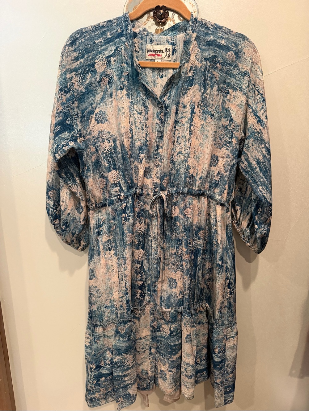 Johnny Was Blue & Cream Abstract Print Midi Dress